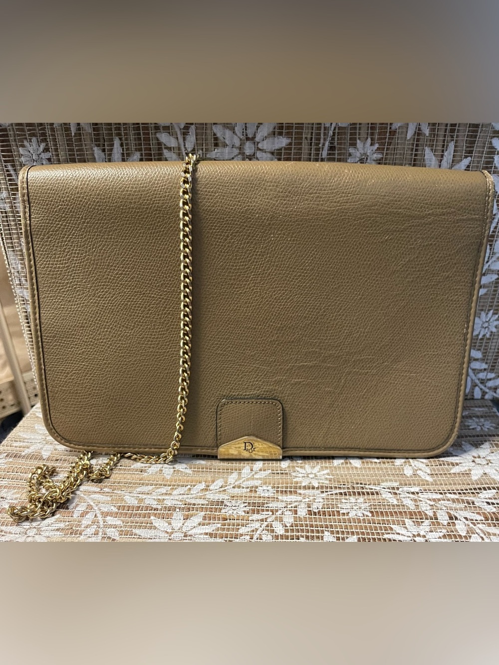 Vintage Dior Taupe Leather Crossbody with Gold Chain